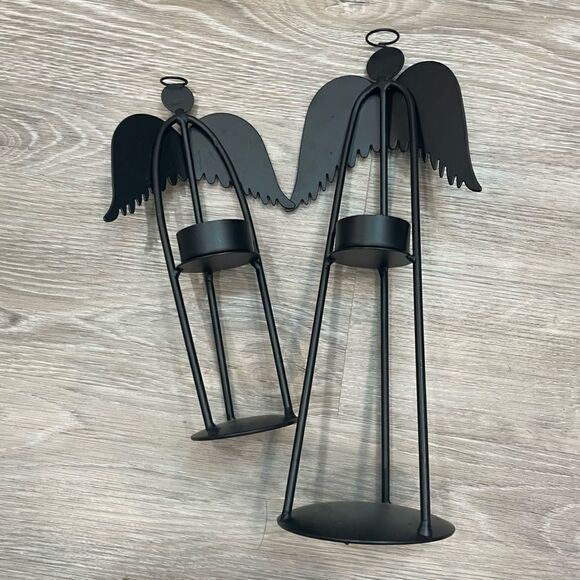 Candle Holder Angel set if 2 Different size in Black Metal - Picture 2 of 6